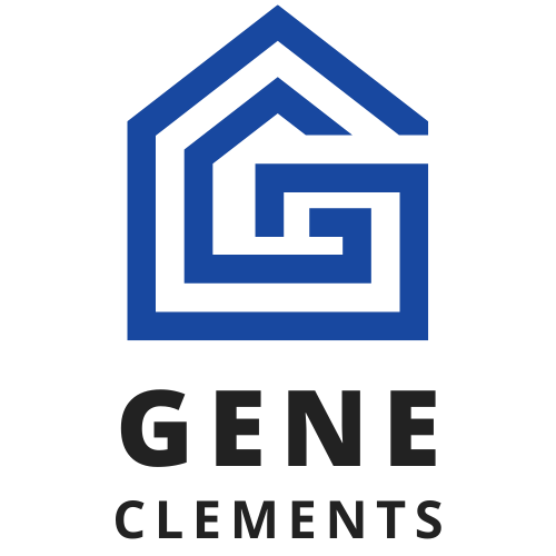 A blue and black logo with the words gene clements